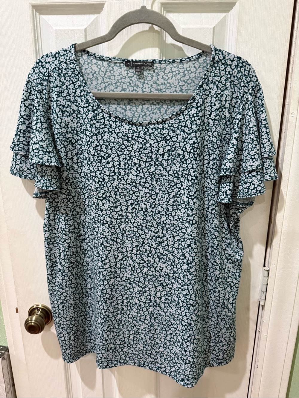 Adrianna Papell Teal Floral Short Ruffle Sleeve Tee